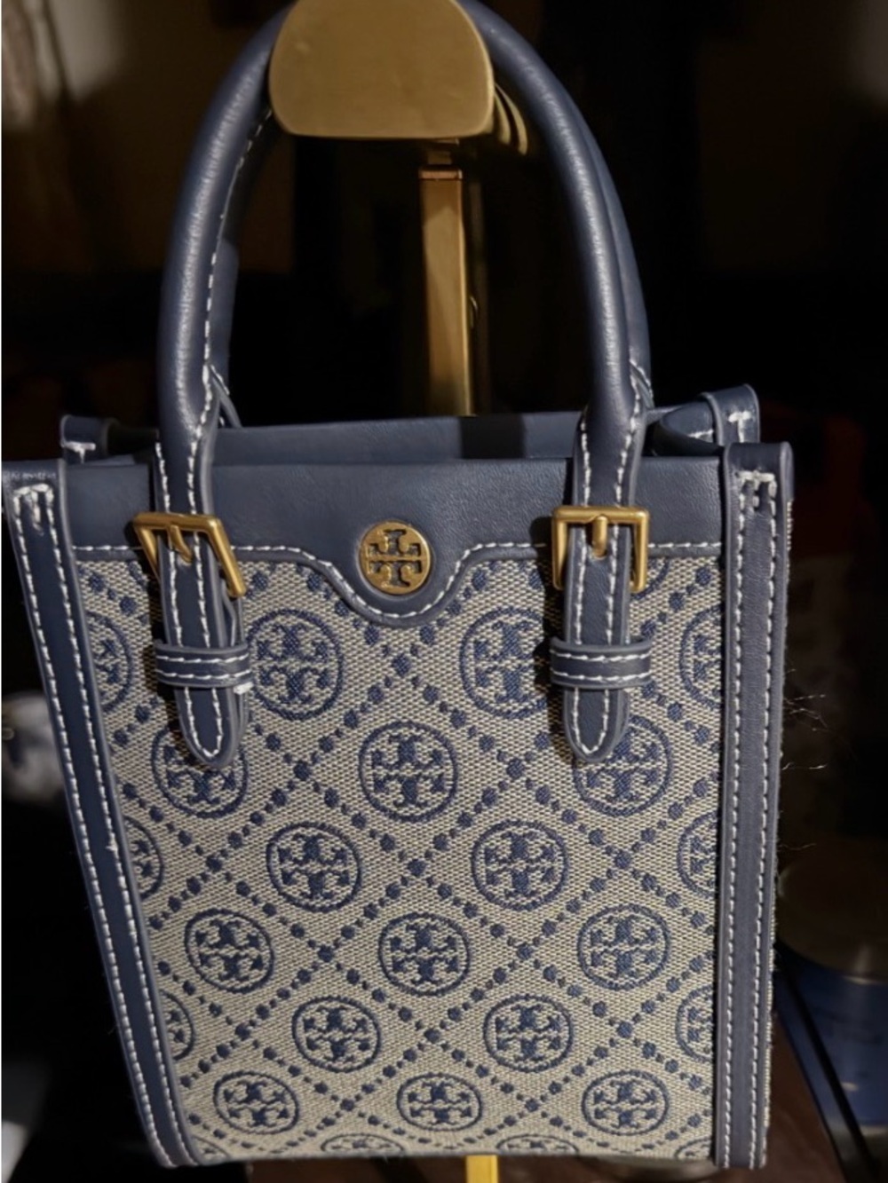 Tory Burch T Monogram Jacquard Mini Tote, featuring a structured blue and cream. - Picture 4 of 4